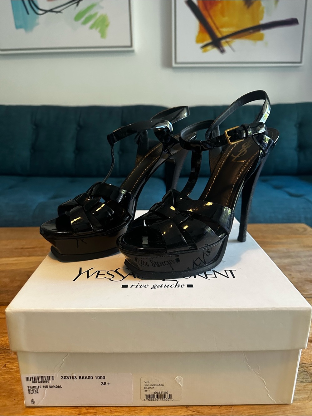 Authentic YSL Saint Laurent Black Patent Platform T-Strap Sandals